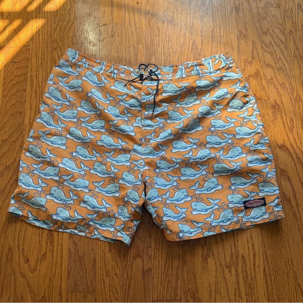 Vineyard Vines Men's Orange Whale Print Swim Shorts Size XXL